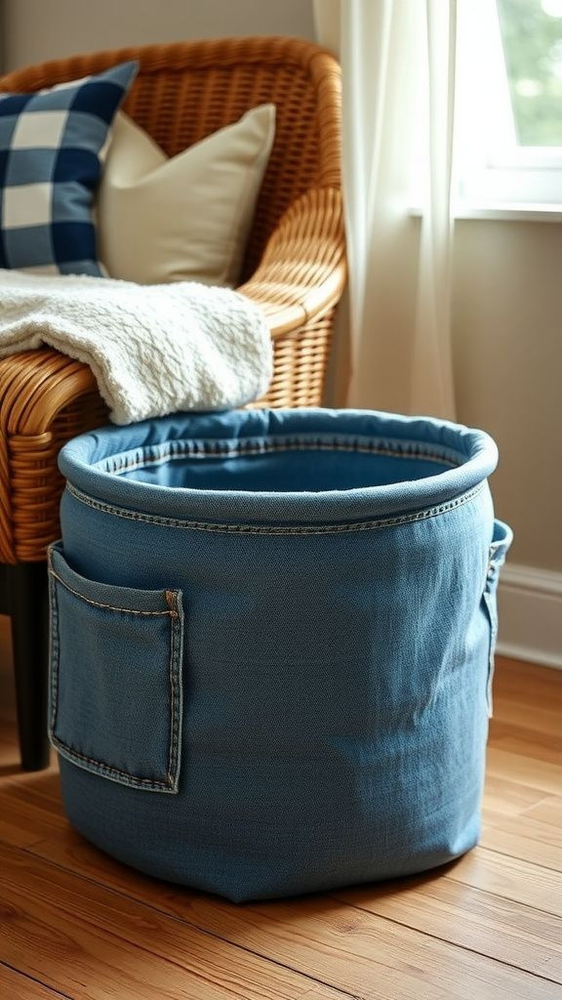 Denim-covered storage basket with cuff details