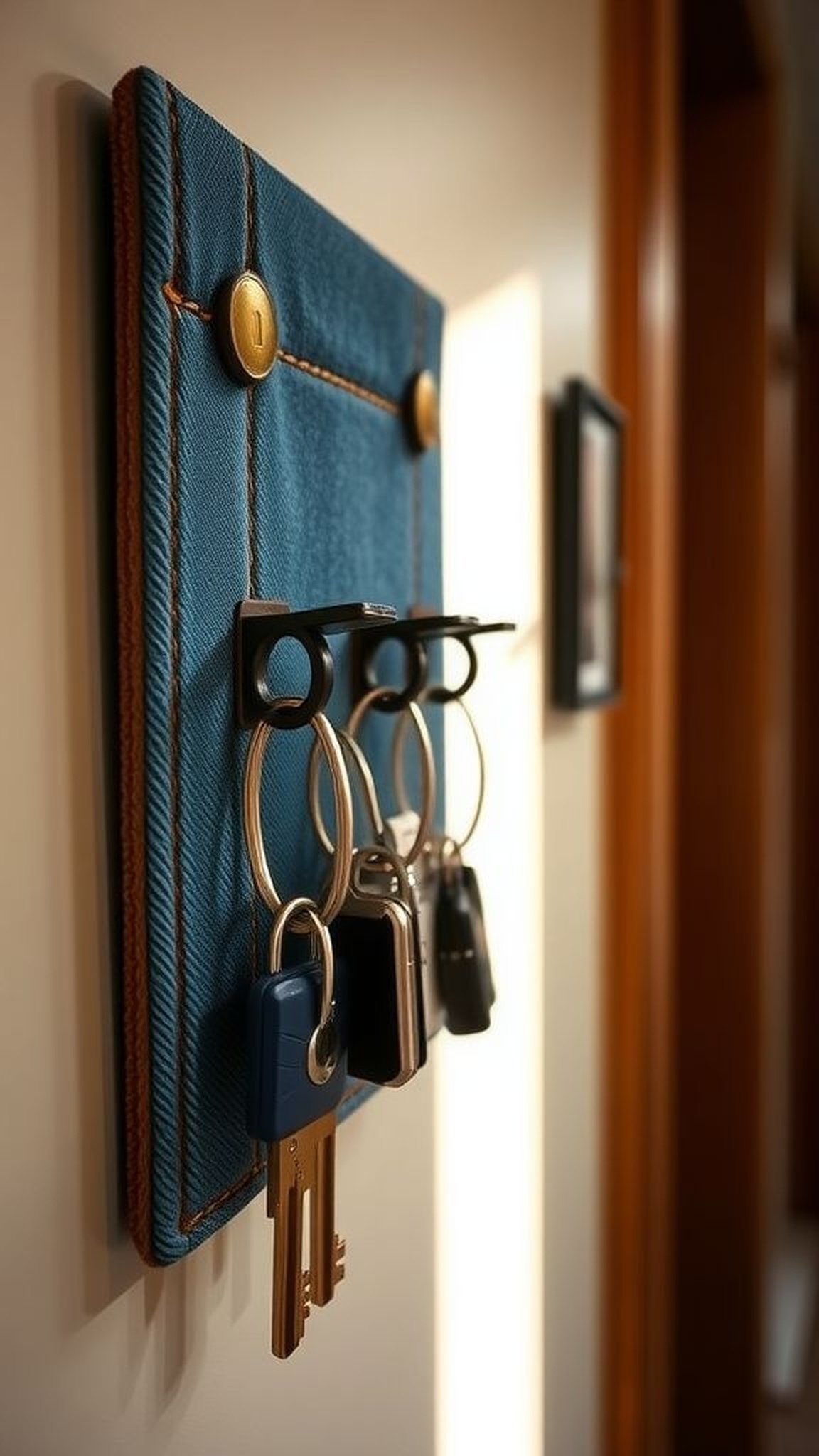 Denim key hanger with buttons and stitched loops