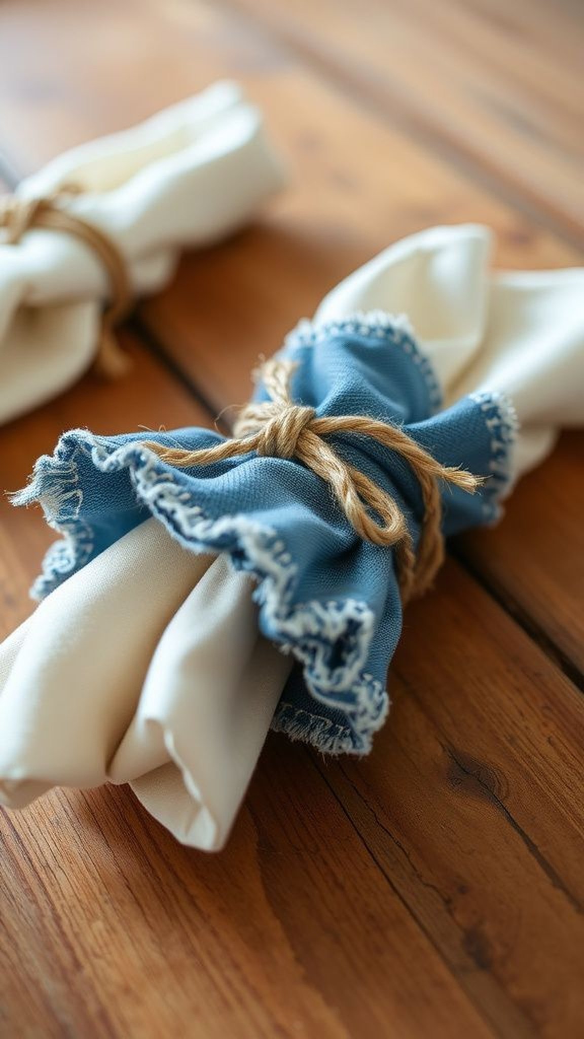Denim napkin rings tied with twine for casual settings
