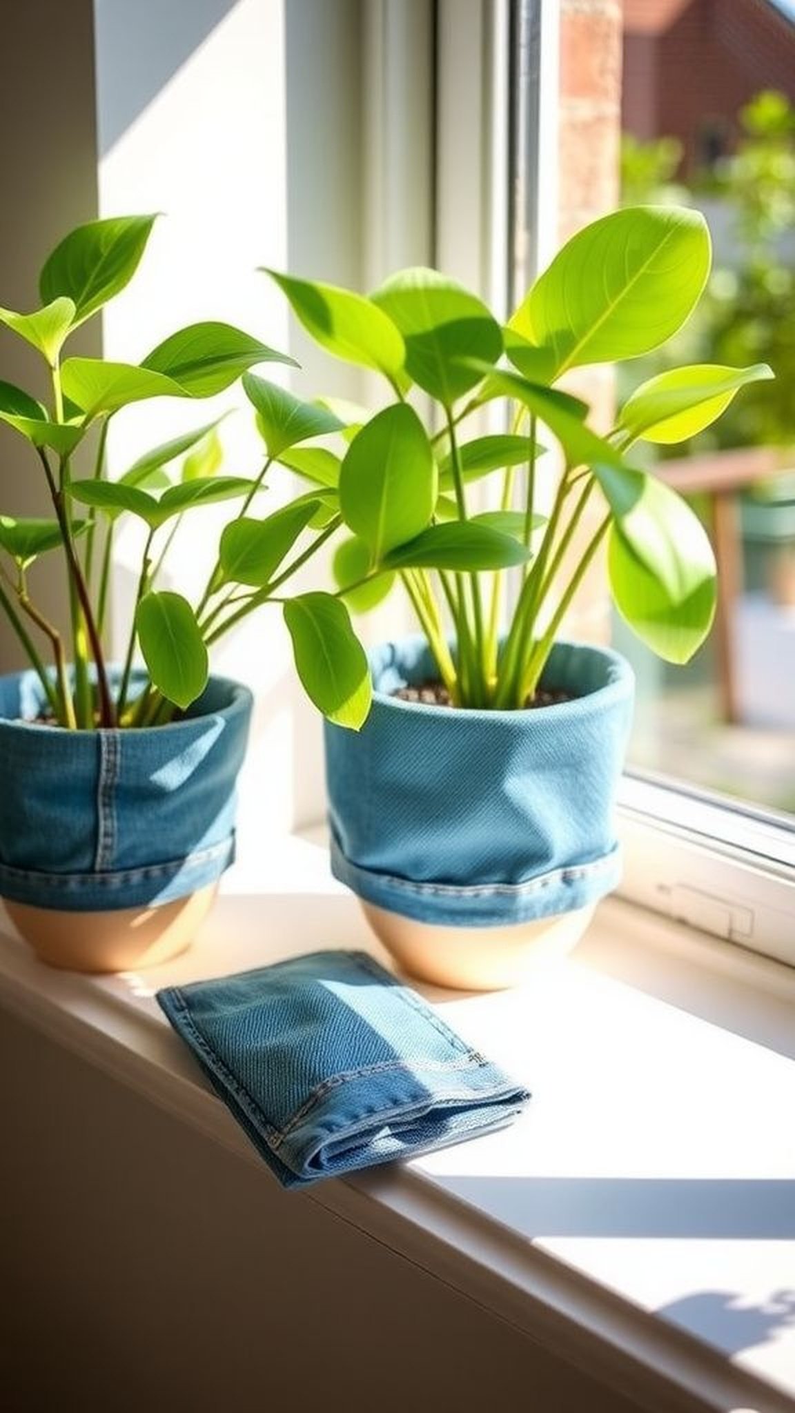 Denim planter sleeves wrapped around ceramic pots