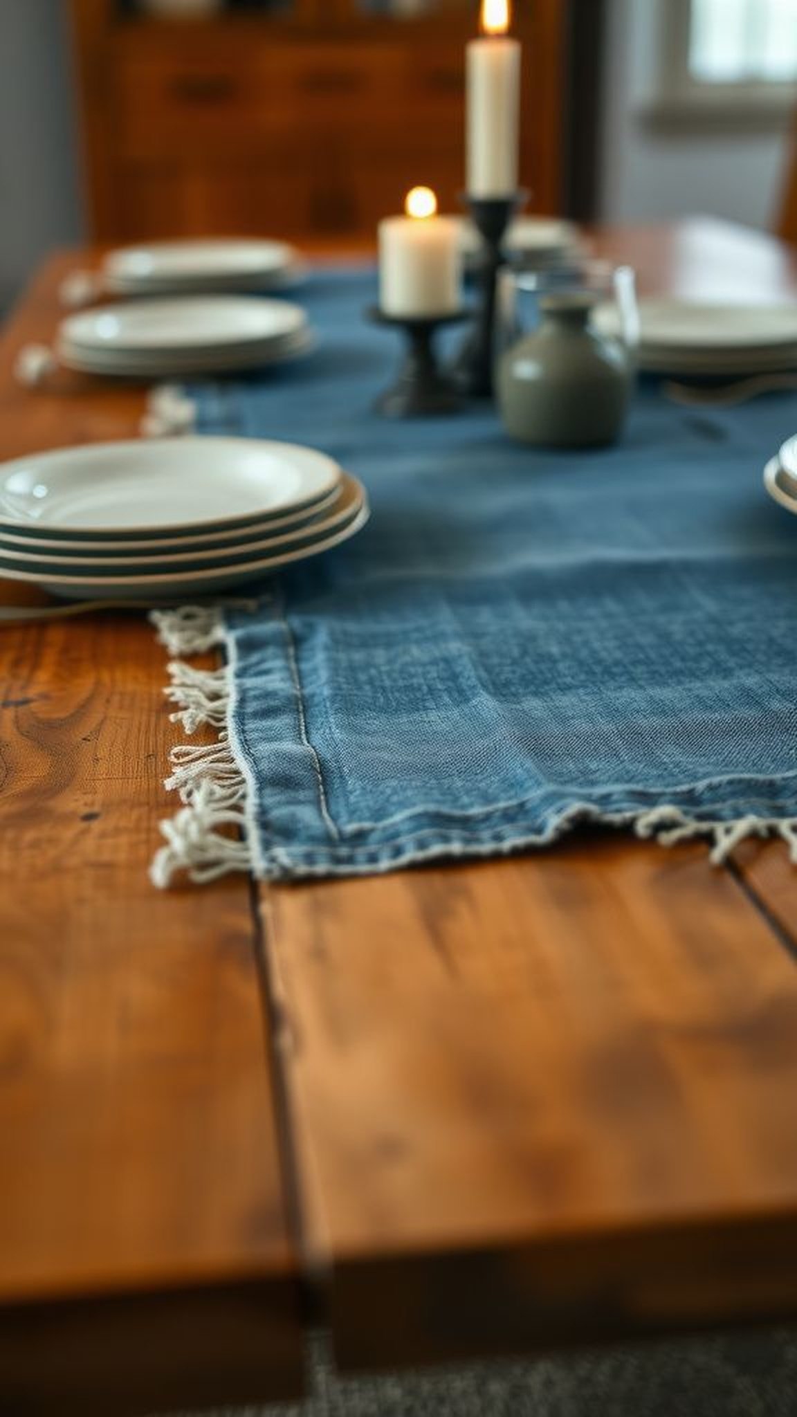 Denim table runner with frayed edges and trim