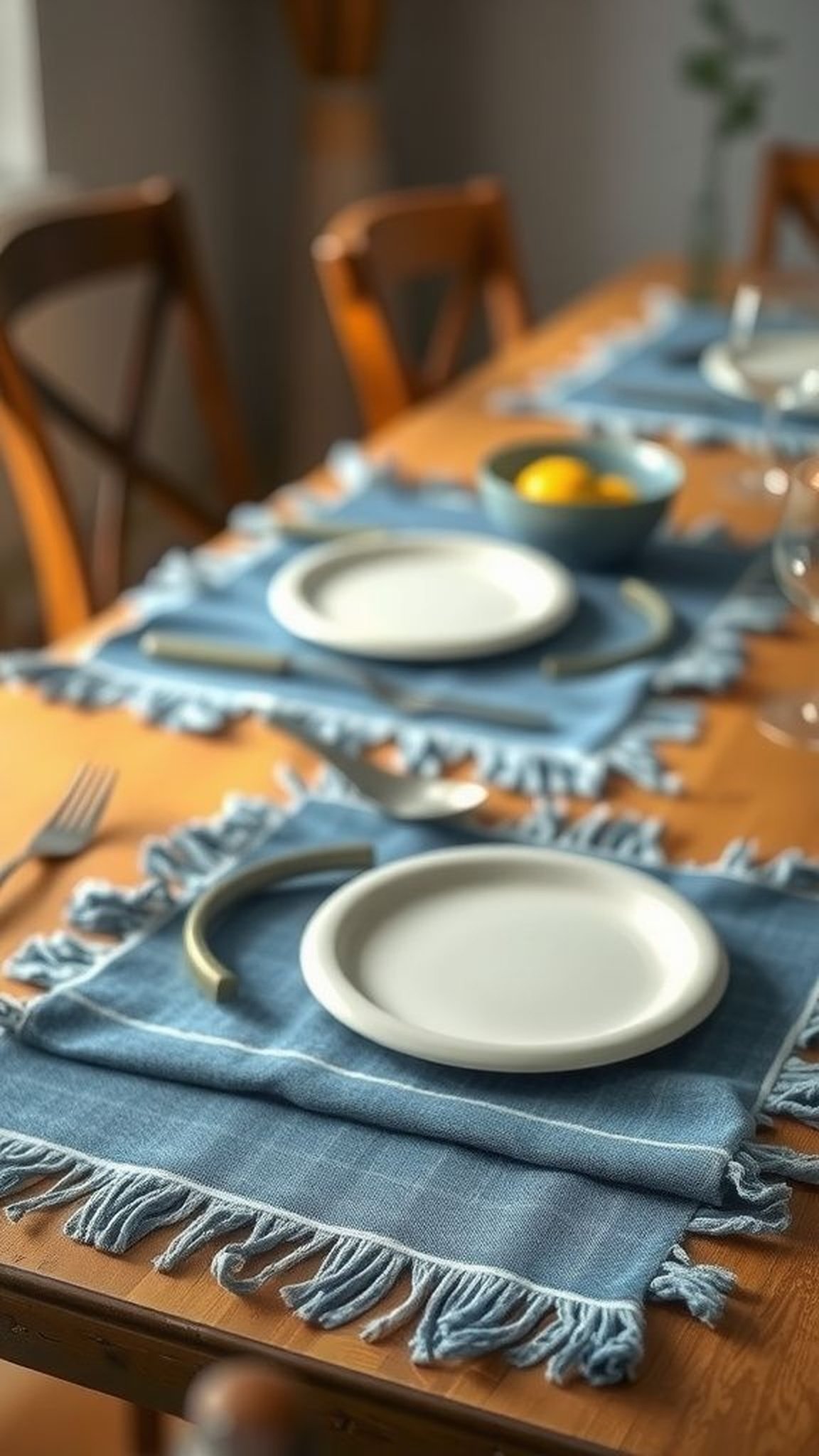 Indigo fringe denim placemats set for casual dinners