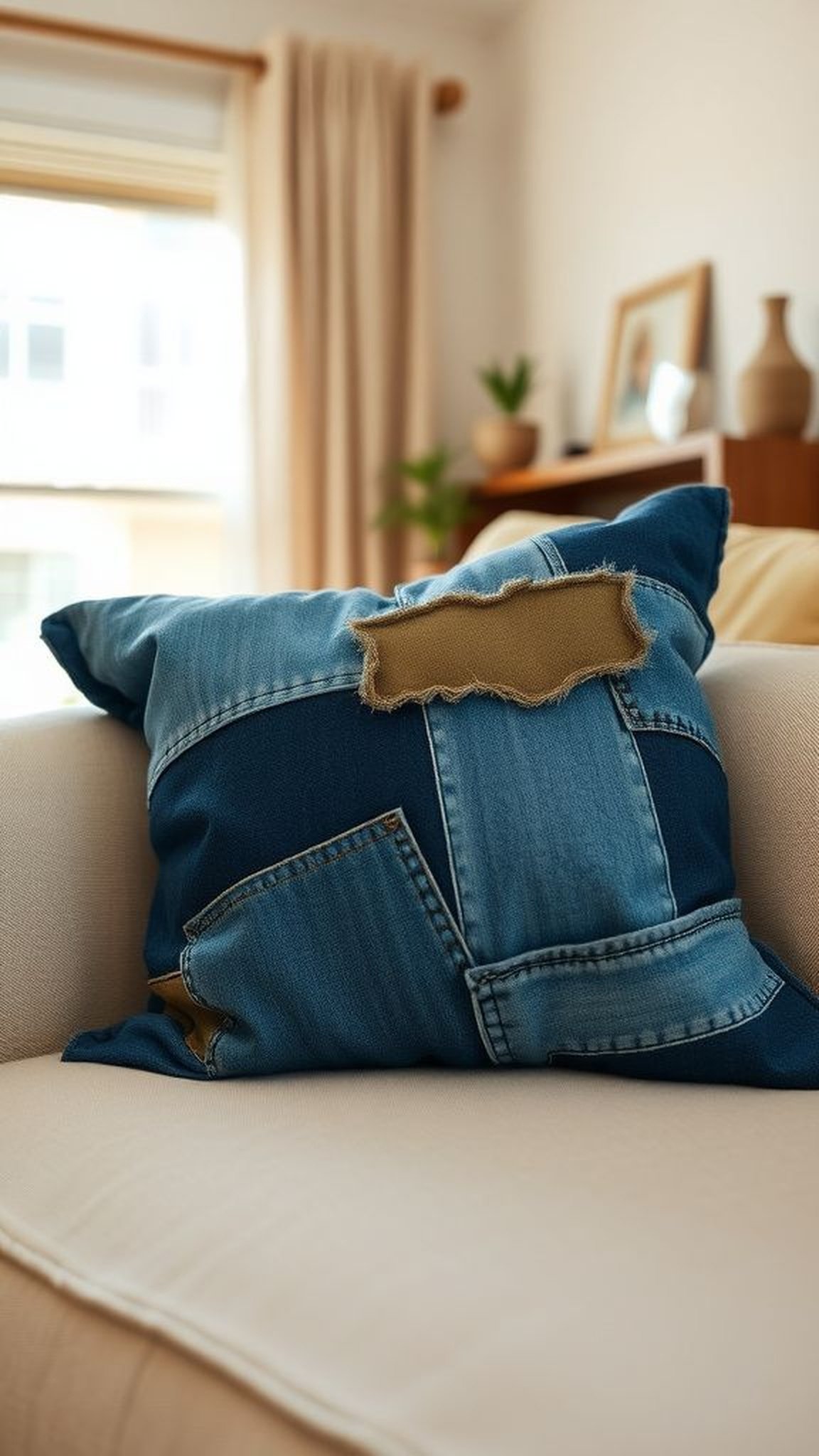Patchwork denim throw pillow with contrasting seams