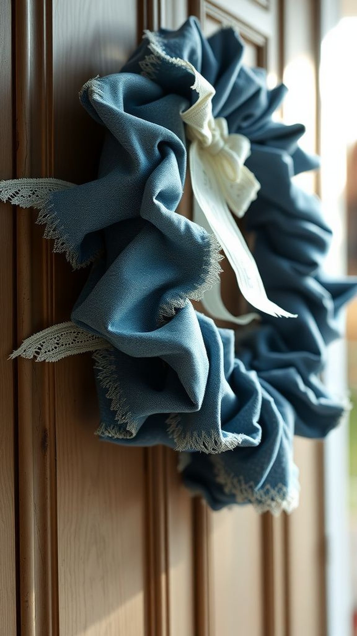Rustic denim and lace wreath for doorway charm