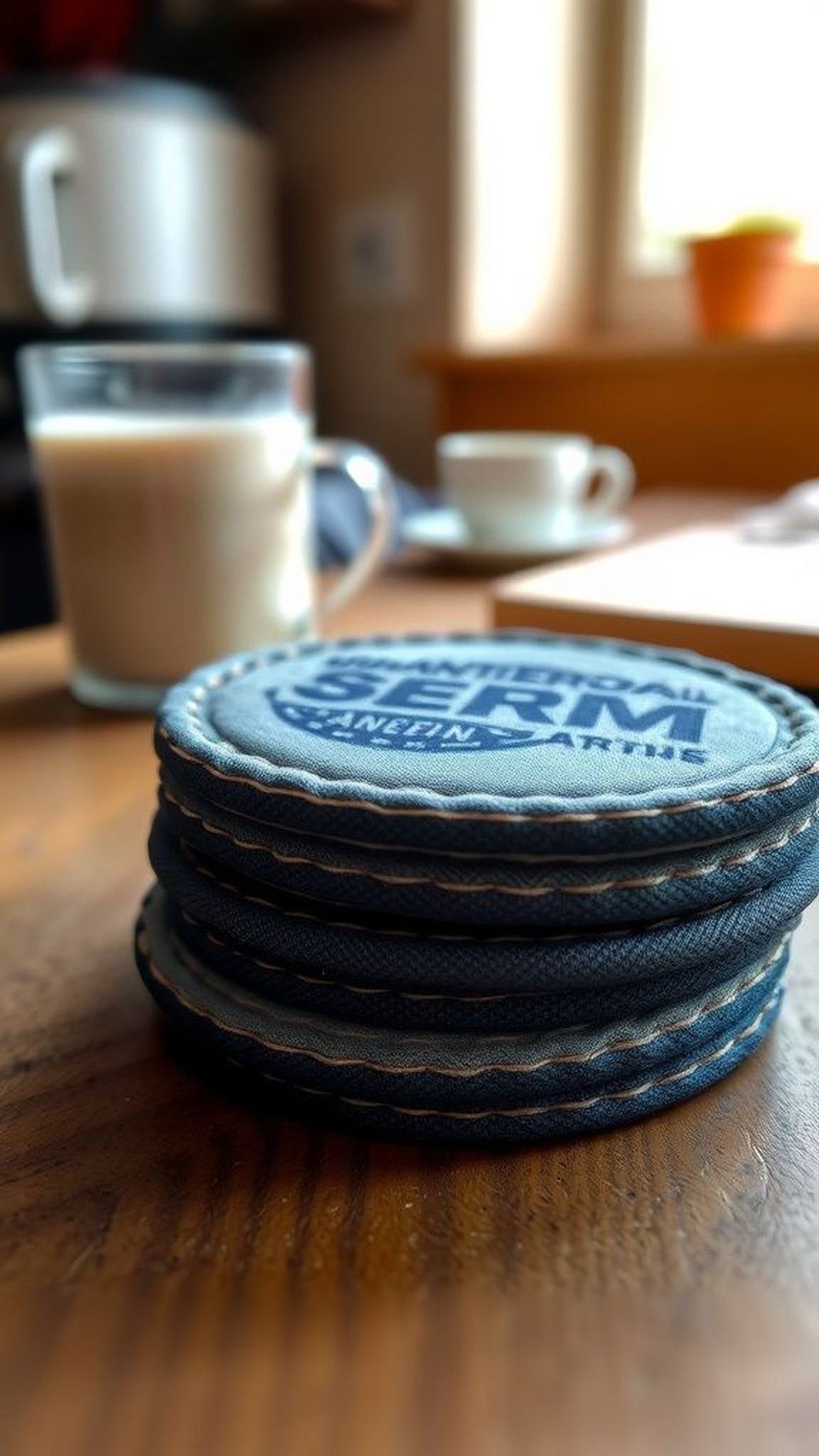 Stitched denim coasters with visible raw edges