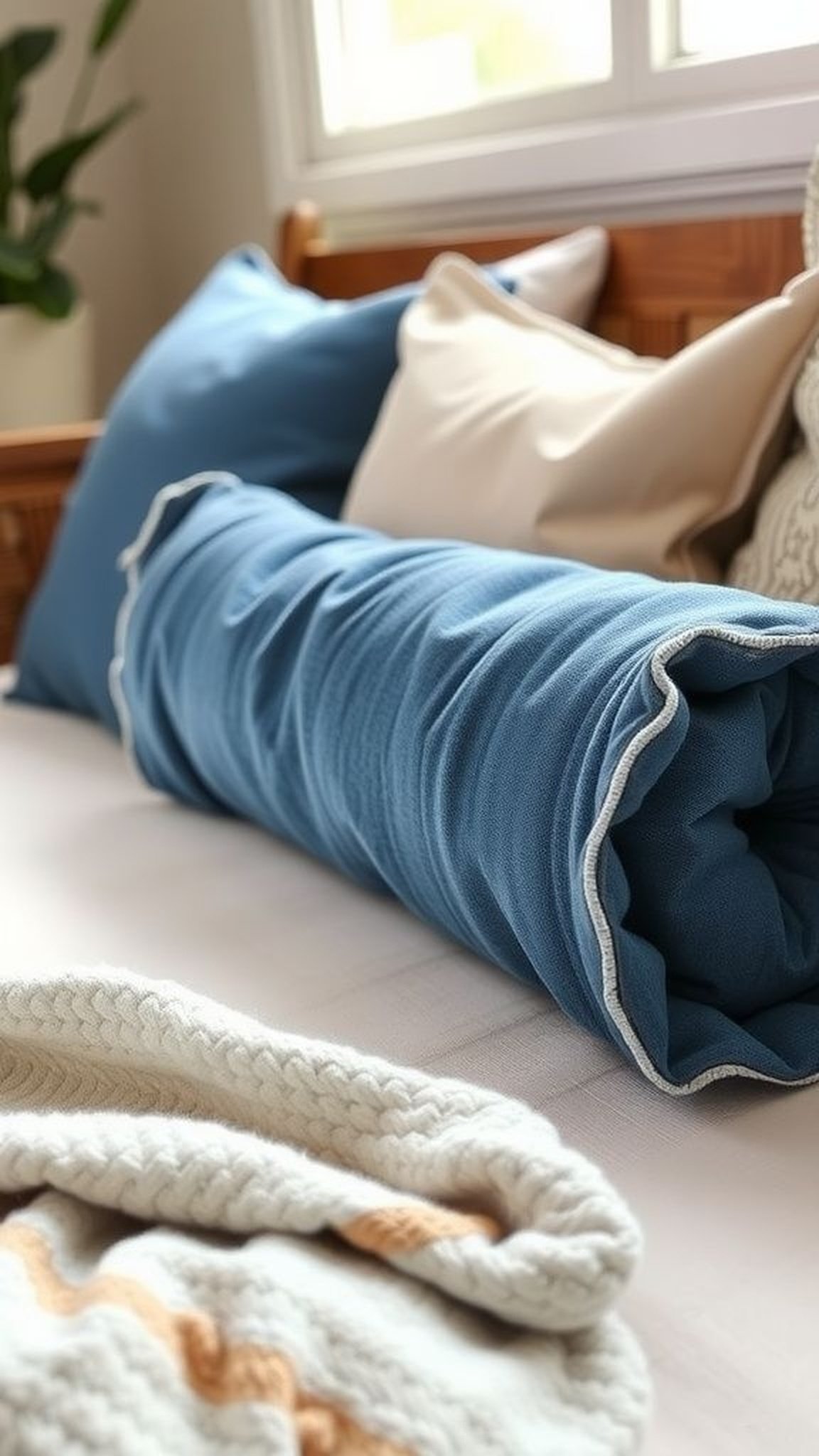 Tubular denim bolster pillow in faded tones