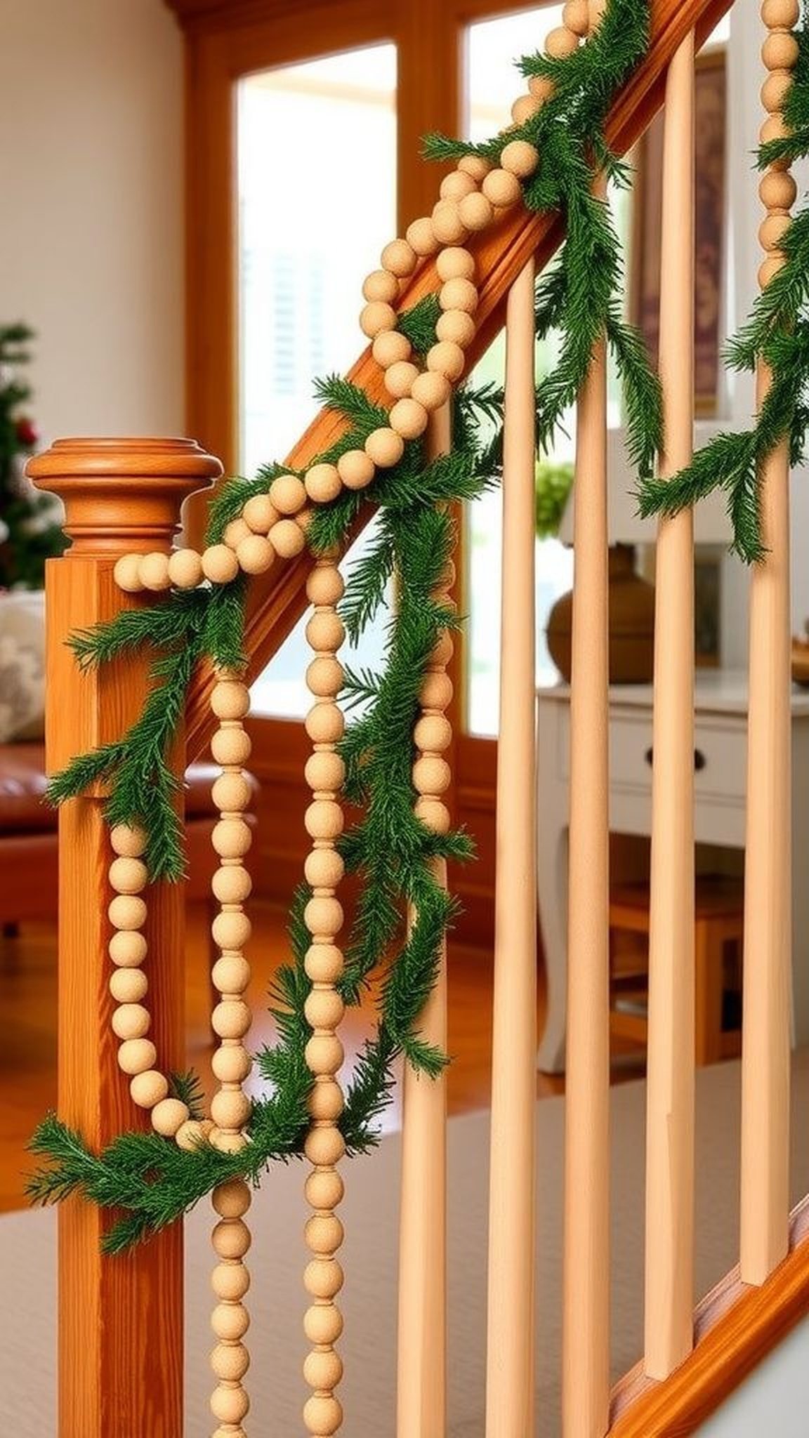 Beaded stair railing garland for seasonal warmth