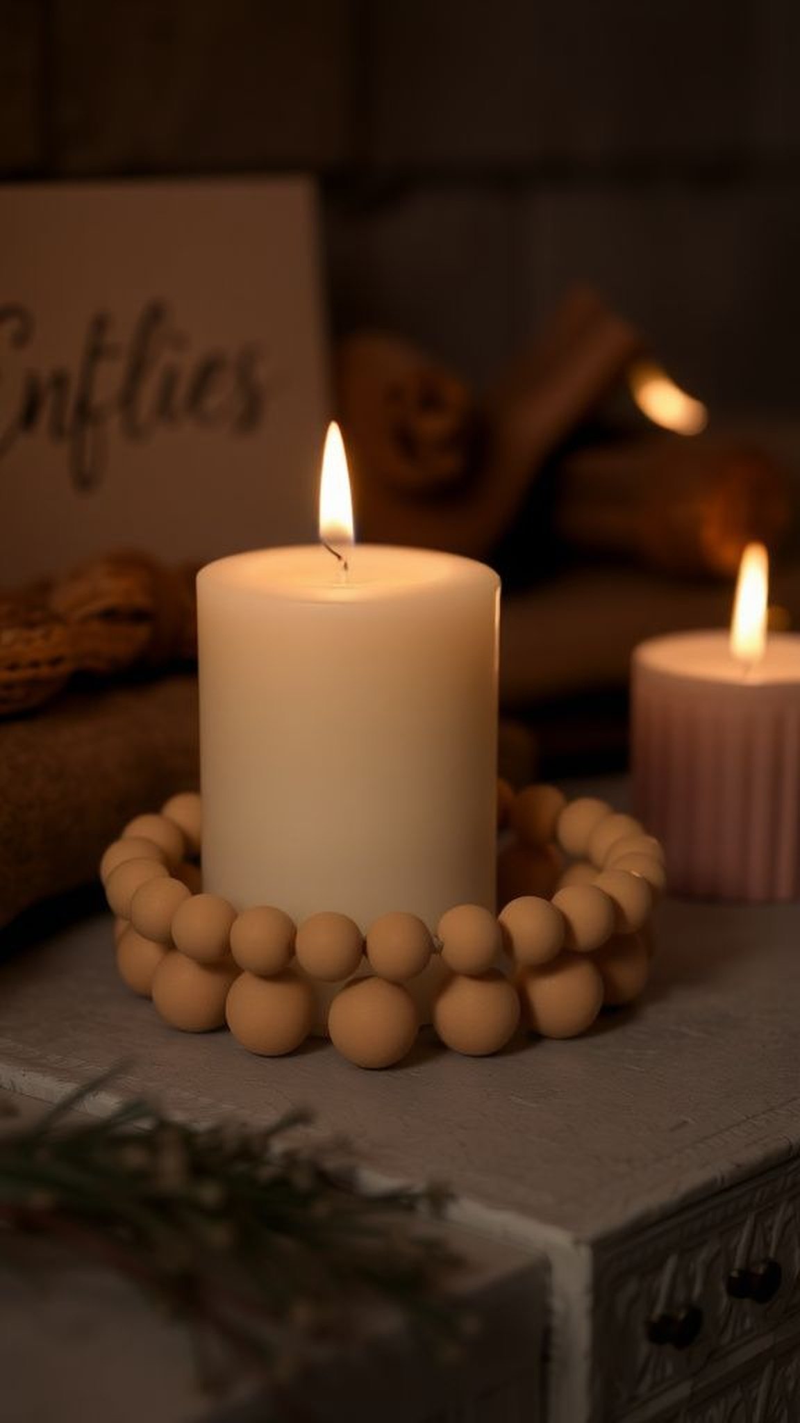 Candle ring of beads for fireplace warmth