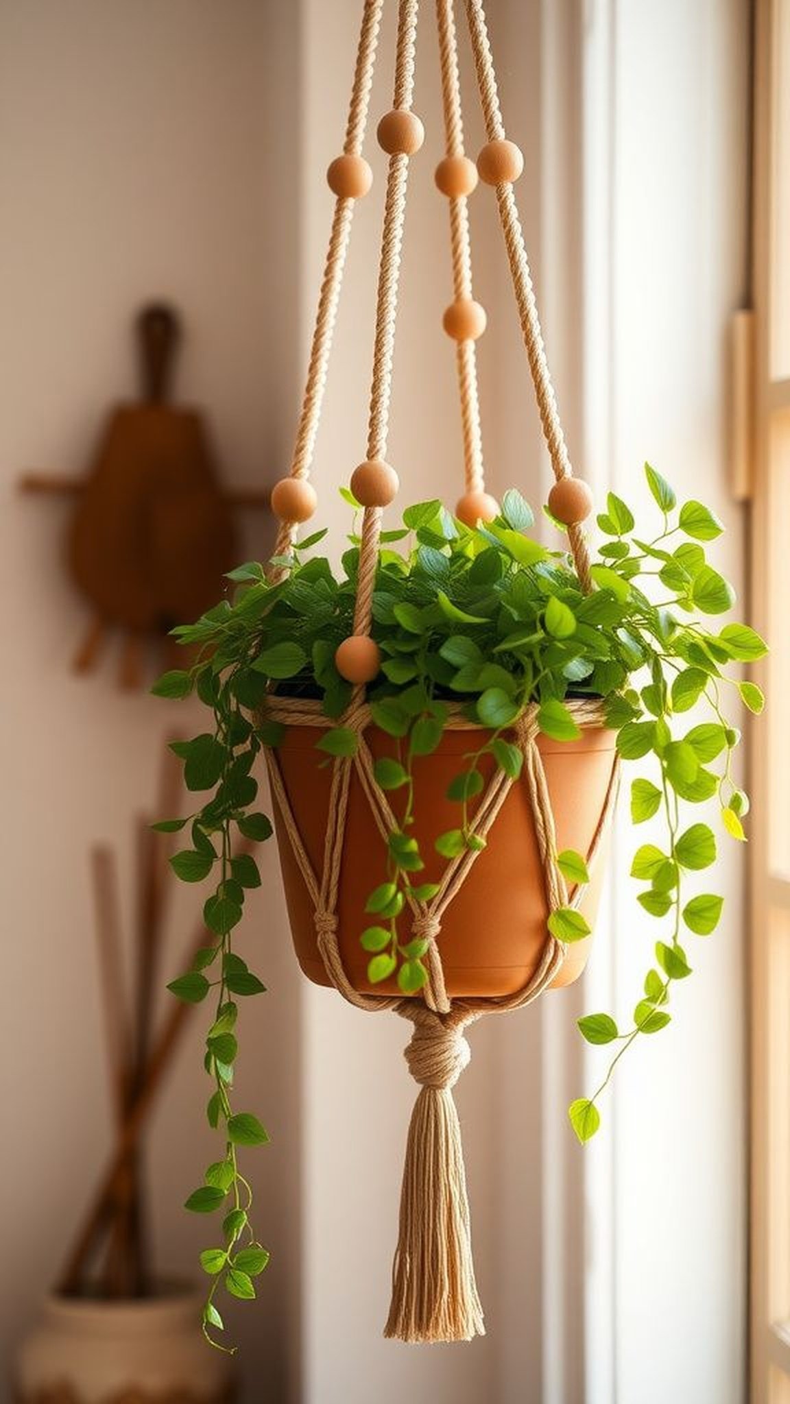 Macramé plant hanger enhanced with wooden beads