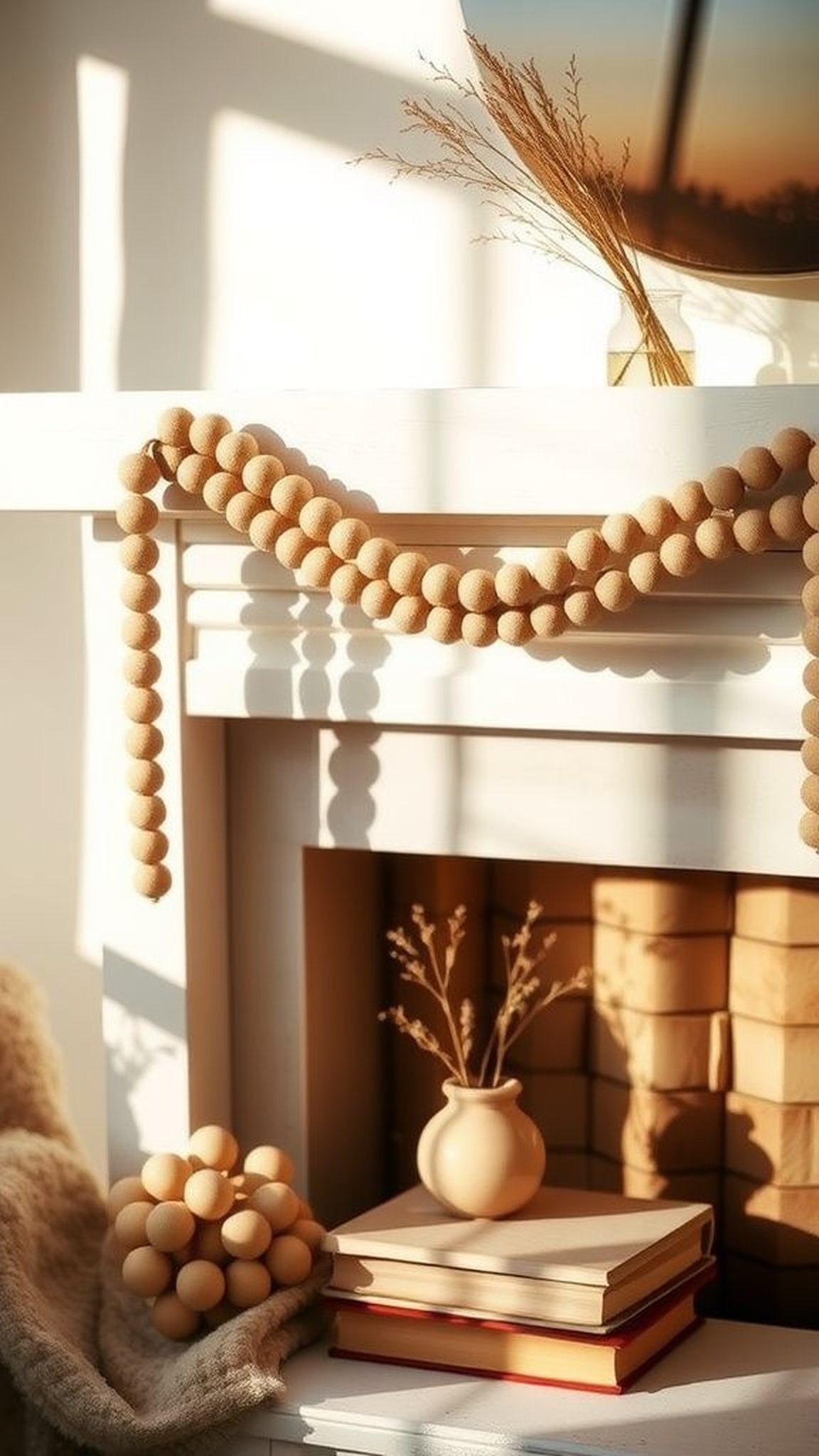 Neutral wood bead garland for mantel displays
